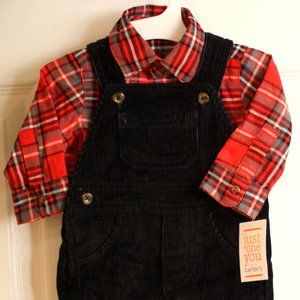 OshKosh B'gosh Navy overalls & Red patterned shirt